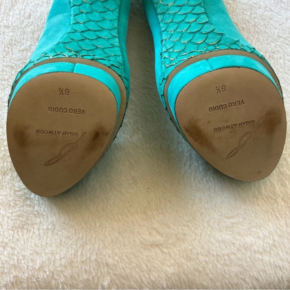 B Brian Atwood Fontanne Turquoise Ultra Suede and Snake Print Heels - Picture 8 of 8